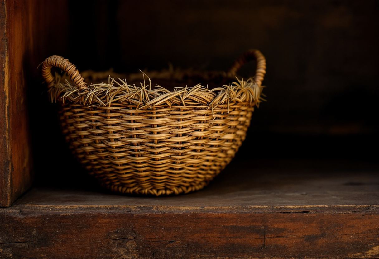 Cesta de esparto en una estantería. Algunas cosas siguen sirviendo exactamente igual sin necesidad de reinventarse.