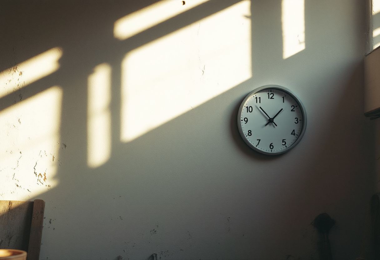 Un reloj de pared corriente en un taller. El tiempo de un negocio pequeño se mide en semanas de trabajo, no en trimestres de informe.